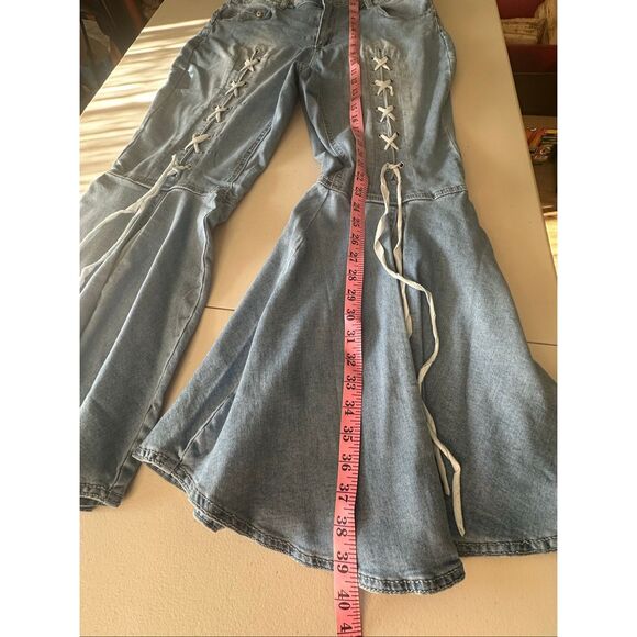 Ashley Stewart Women's Light Blue Lace Up Flare Wide Leg Denim Jeans Size 16 - Picture 6 of 9